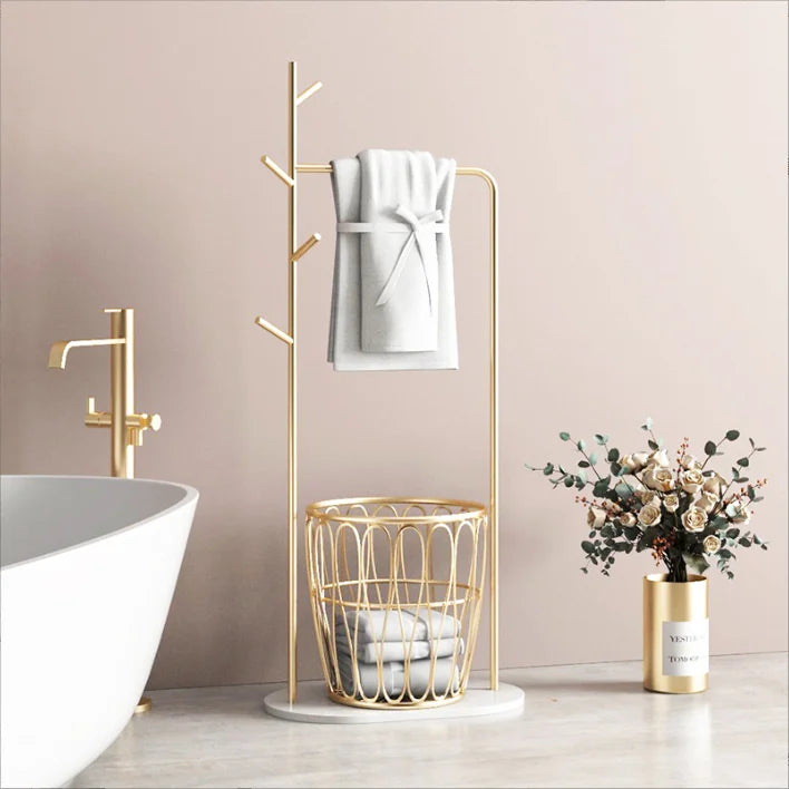 Light Luxury Simple Modern Floor Marble Iron Stand Gold Toilet Metal Bathroom Shelf Holder Towel Rack