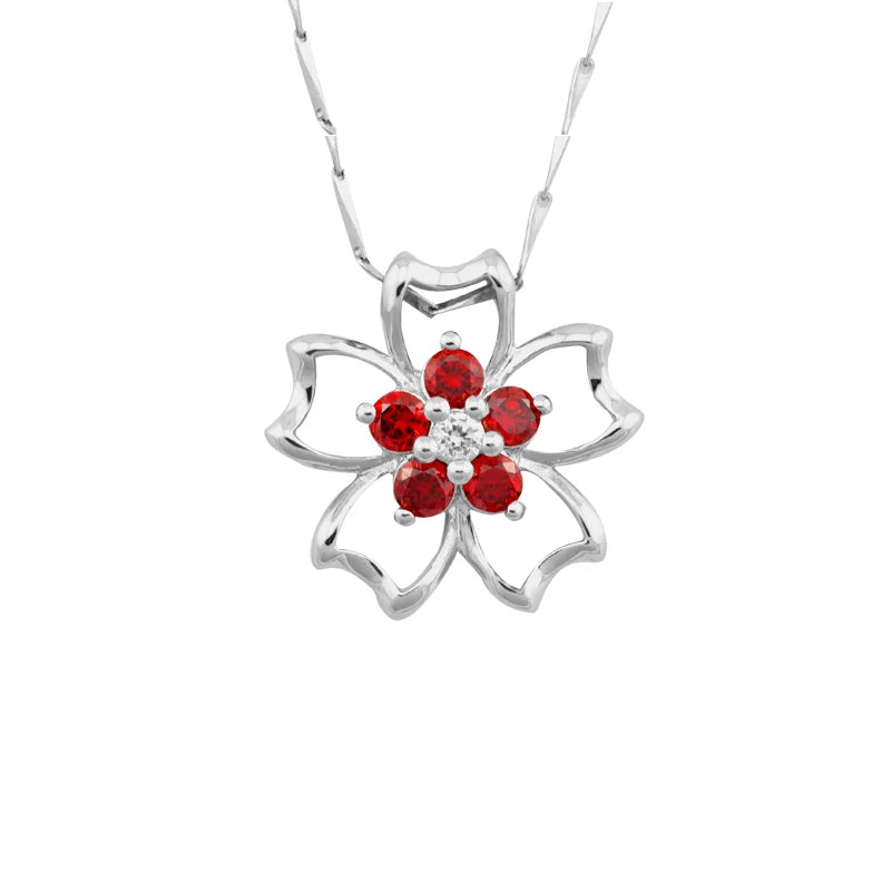 Modern Fine Fashion Women's Necklace Pendant Silber 925 Argent Jewelry with Ruby Flower Shape Rhodium Plated Charm