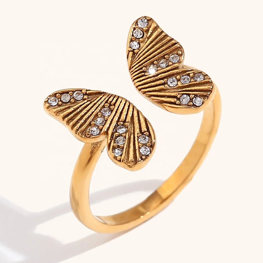 Ding Ran Finger Ring Stainless Steel Gold Plated Zircon Butterfly Open Design Rings for Women