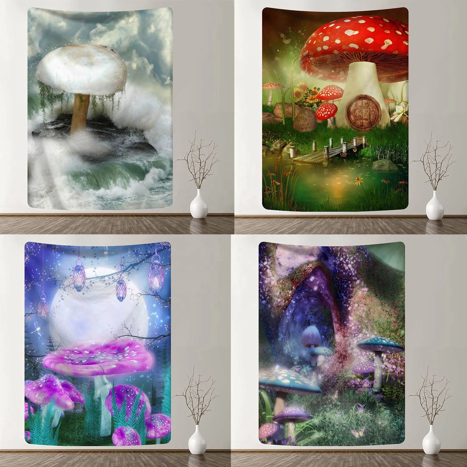 Customized Art Decor Unique Dreamy Vintage Psychedelic Mushroom Series Bedroom Aesthetics Door Curtain Polyester Tapestries