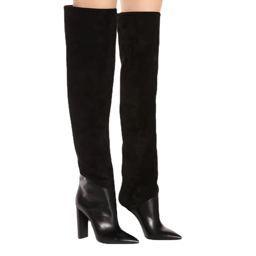 Women's Zip-Up Over-the-Knee Chunky High Heel Pointed Toe Boots Winter Autumn Stylish Black