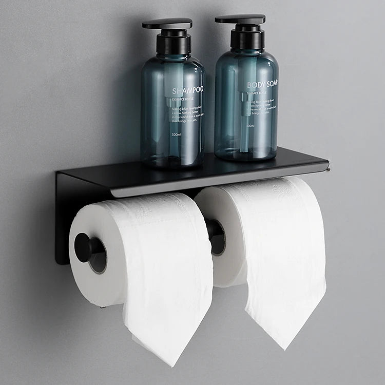 SUS304 Stainless Steel Double Wall-mount Matte Black Bathroom Toilet Paper Towel Holder Square Shape Self-adhesive for Hotels