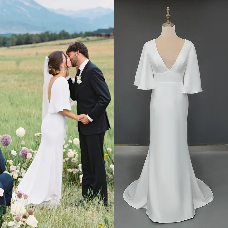 13787# 100% Real Photos Simple Sweep Train Backless V-neck Trumpet Wedding Dress for Engagement Soft Stain Bridal Gown