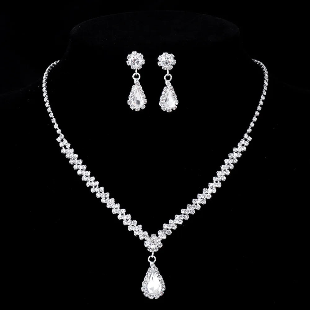 Fashion Crystal Bridal Jewelry Sets Silver Color Geometric Choker Necklace Earrings Wedding Jewelry Sets