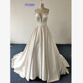 QUEENS GOWN Satin A-Line Ivory Deep v Neck Spaghetti Straps Wedding Dress