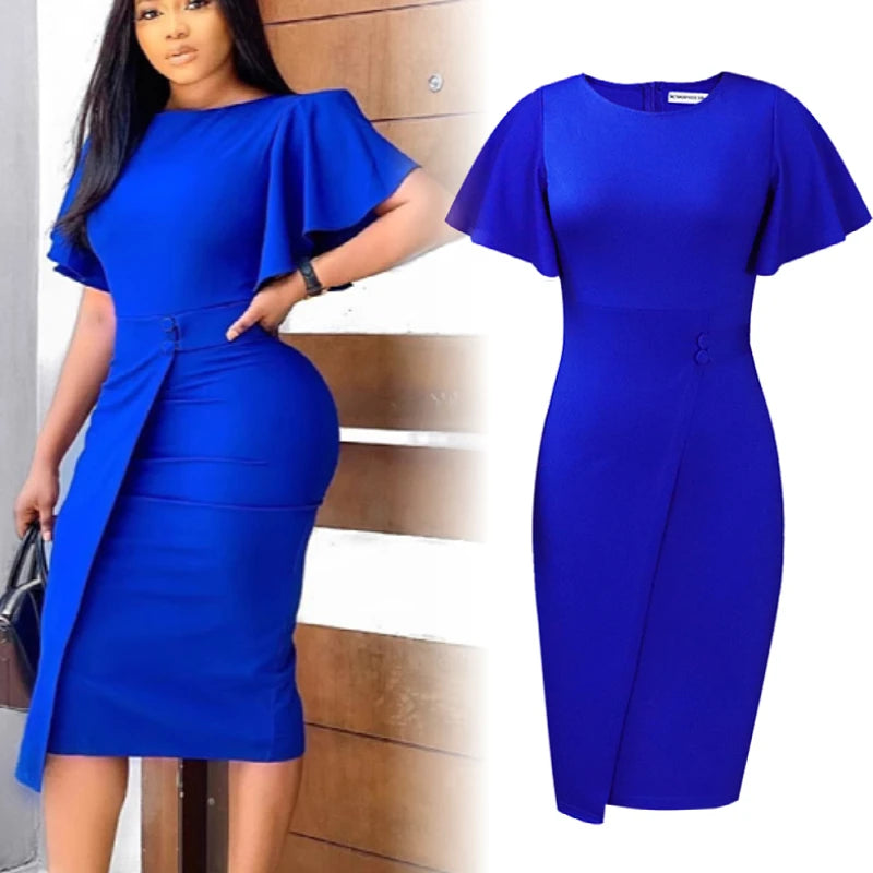 New Arrivals High Waist Ladies Dress Women's Elegant Office Plus Size Casual Dress Short Sleeve Ruched Decoration Solid Color