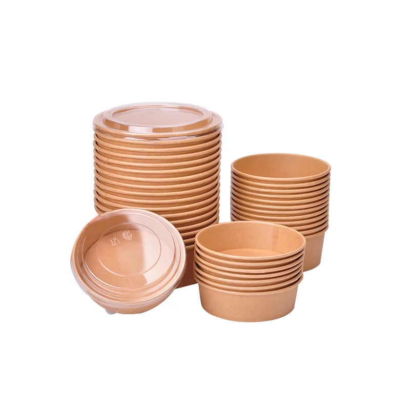 Disposable Kraft Paper Salad Bowl Grease Proof Paper Bowl with PET Lid Paper Packing for Kebab Restaurant