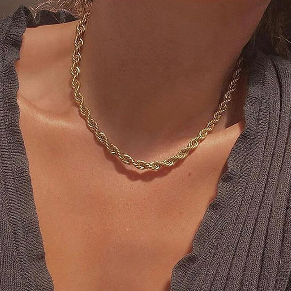 Wholesale 14k Gold Plated Titanium Steel Fried Dough Twist Chain Necklace 8MM Twisted Chain Men's Anniversary