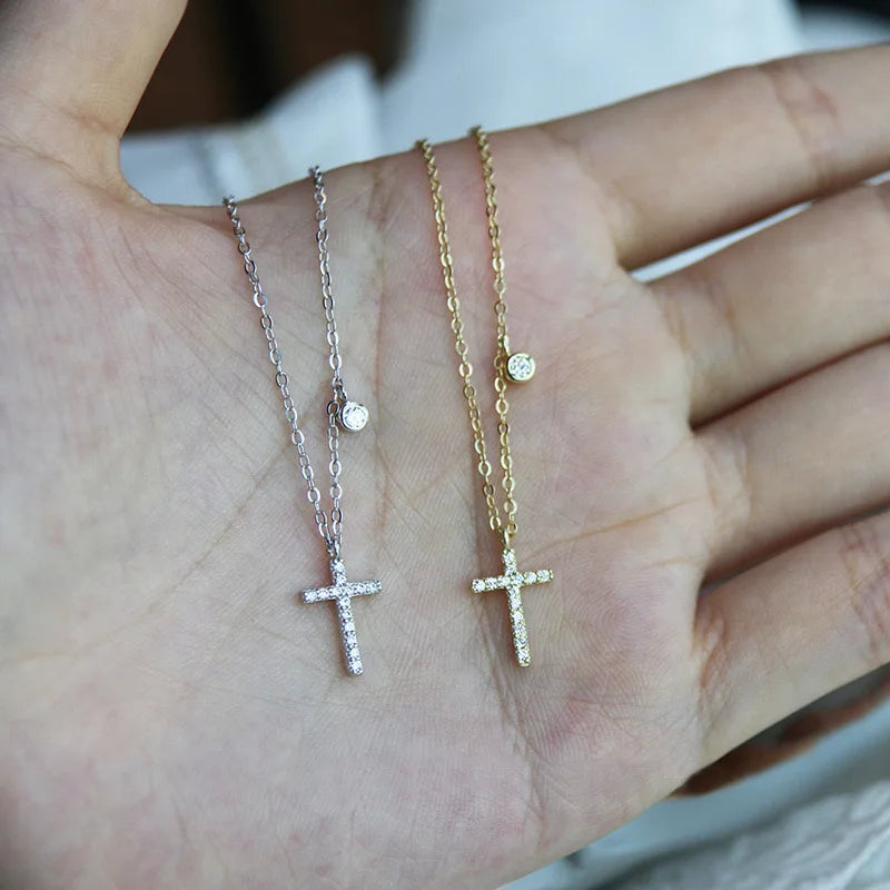 Minimalist 14k Gold Plated 925 Sterling Silver Cross Necklace Dainty Clavicle Chain Pendant Necklace