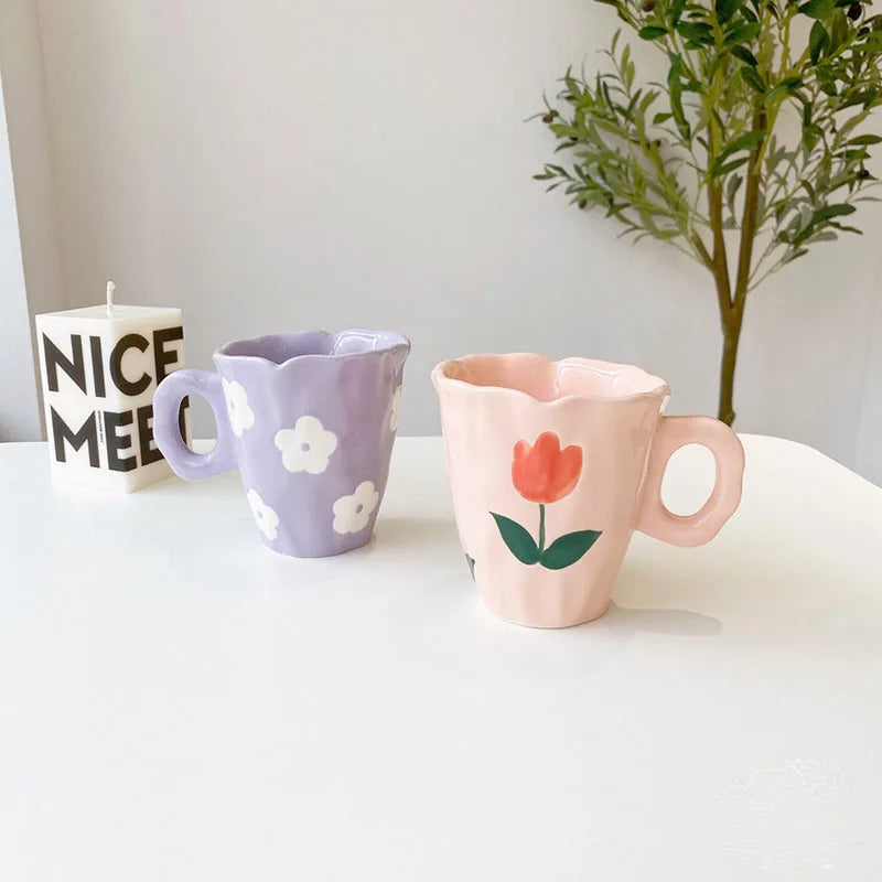 Creative Hand-Painted Flower or Multiple Pattern Mug Ceramic Hand-Pinched Coffee Cup with Ruffled Rim Kawaii Household Milk Mug