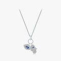 925 Sterling Silver the Hand of Fatima Evil Eyes Sparkle Clear Zircon Blue Enamel Eyes Pendant Necklace for Women