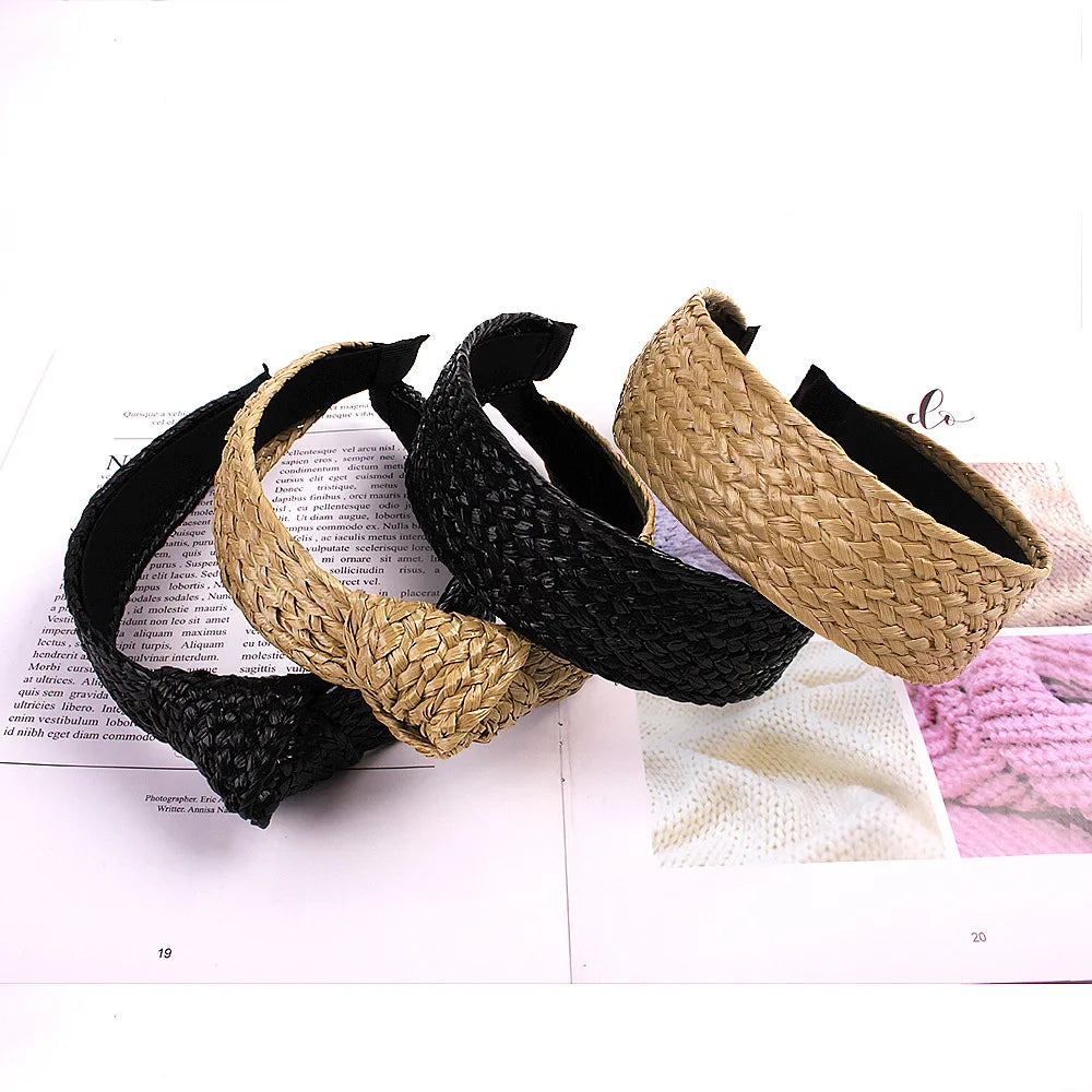 QIYUE  Korean Style Fashion Temperament Straw Raffia Headdress Simple Wide-brimmed Fresh Knotted Headband Hair Accessories