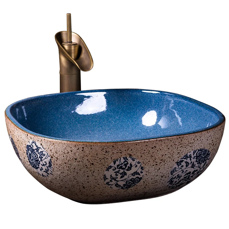 Jingdezhen High Temperature Blue Color Ceramic Rectangular Bathroom Face Washing Sink Porcelain Basin Ceramic