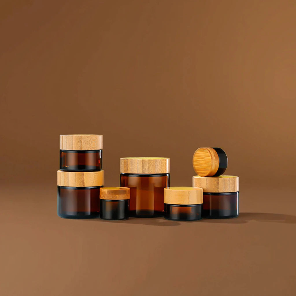 Cosmetic Container Facial Cream Jars Plastic Bamboo Lids Empty 5g-100g Glass Jars for Body Butter Scrub Packaging for Skin Care