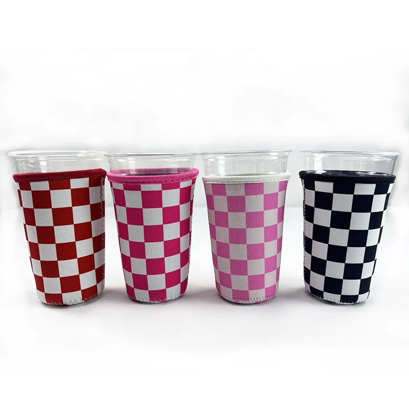 Custom Prints Neoprene Cup Holders Insulated Cup Sleeves Checkered Design 16oz 24oz 32oz Iced Coffee Cup Sleeve