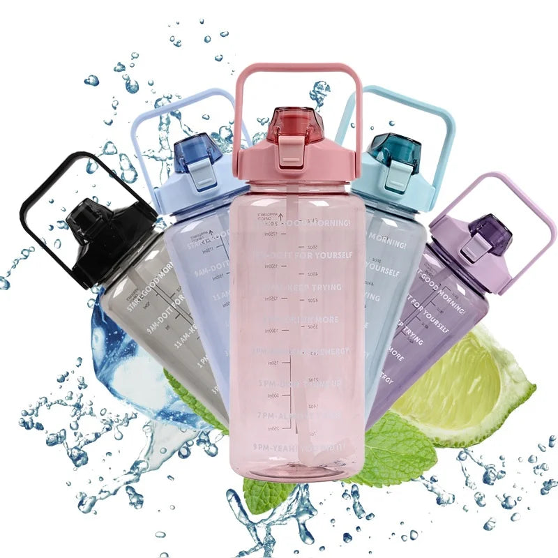 Bpa Free 2l Half Gallon with Time Marker& Handle Gym Sports Clear Plastic Motivational Water Bottle