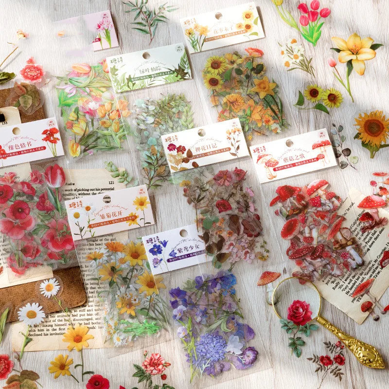 40 Pcs Vintage Scrapbooking Gold Foil Floral Transparent Aesthetics Stickers for Card Making Envelope Gift Wrapping Journaling