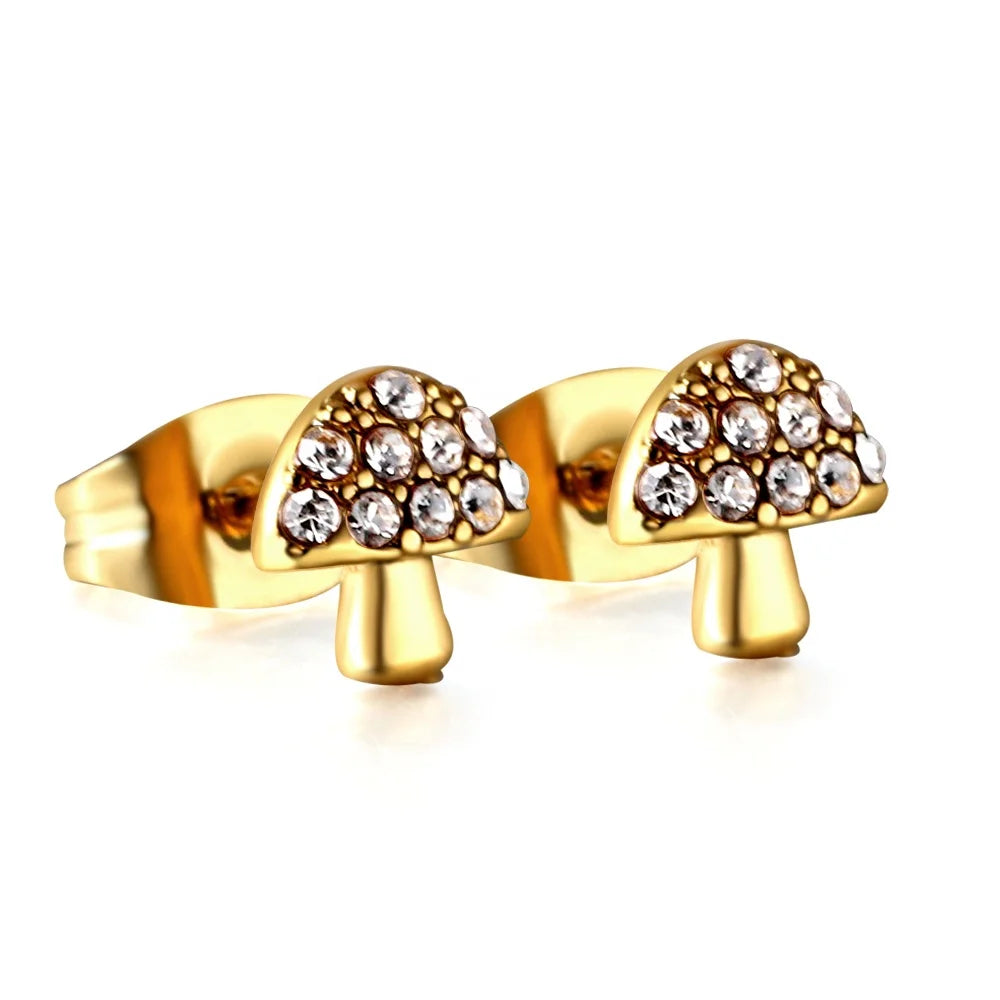 Trend Kid's Jewelry Fashion 18k Gold Plated Stud Earrings Mini Women Stainless Steel Mushroom Cut Earrings with Diamonds