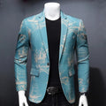 Large Size Gentleman Blazers Men Blue Patterning Printed Suit Jacket Casual Coat Prom Singer Concert Stage Costume