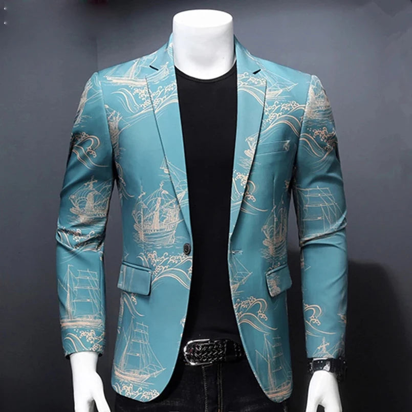 Large Size Gentleman Blazers Men Blue Patterning Printed Suit Jacket Casual Coat Prom Singer Concert Stage Costume