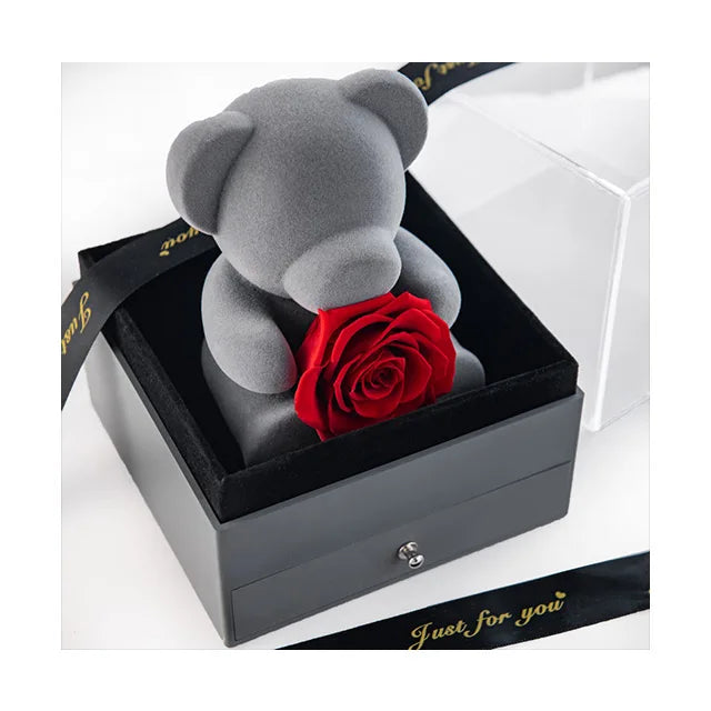 AM-PFG09A Ammy Preserved Rose Bear Acrylic Jewelry Box Preserved Flower Rose Gift Box Holiday Gift Real Natural Forever Roses