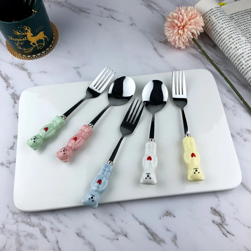 Stainless Steel 304 Kids Cutlery Set with Ceramic Animal Handle Spoon Fork for Children Home Use Wedding Occasions Boxed Packing