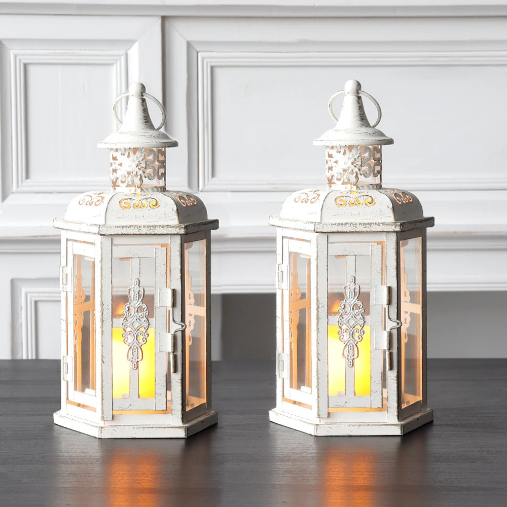 Set of 2 Mini White Candle Lantern Moroccan Hanging Lanterns Outdoor Garden Metal Lanterns for Wedding Event
