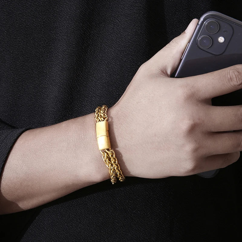 Stainless Steel Men Chain Bracelets Non Tarnish Magnetic Clasp Silver Gold Black Plated Double Layered Wheat Chain Bracelet