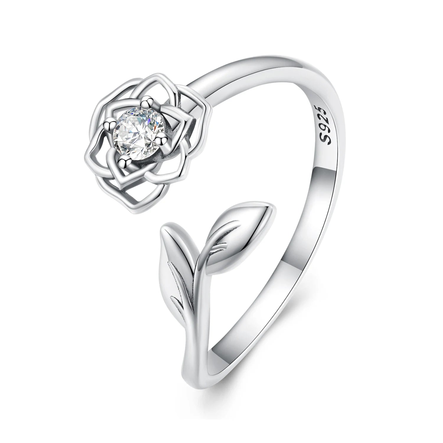 925 Sterling Silver Camellia Flower Open Rings for Women AAA Clear Zircon Adjustable Ring Wedding Engagement Jewelry Gift BSR325