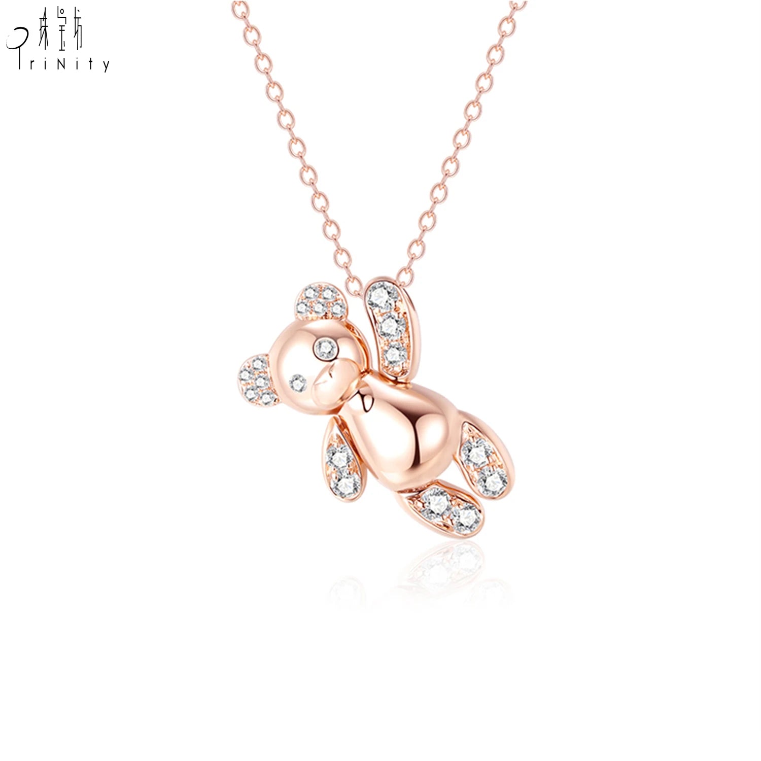 New Arrival Women Necklace Lovely Bear 14K Soild Rose Gold Real Natural Diamond Pendant Necklace Chain for Women