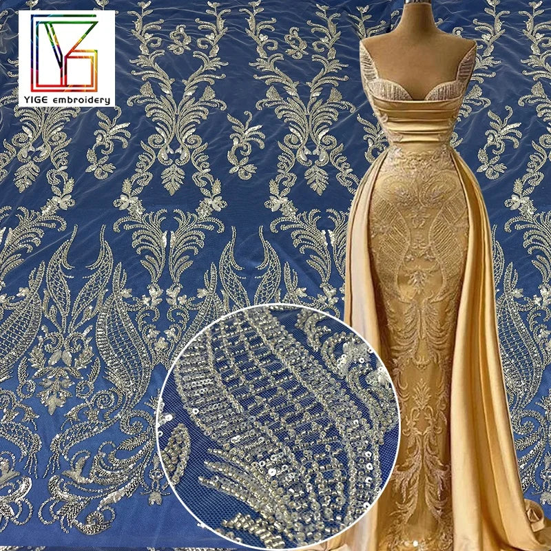 New Luxury Crystal Sequins Embroidery Fabric French Wedding Heavy Beads Tulle Lace Bridal Dress Lace Fabric