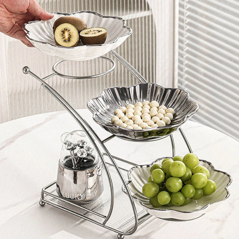 Luxury Ceramic Cake Stands for Cake and Fruit 3 Tier White Silver-plated Serving Tray for Wedding Restaurant
