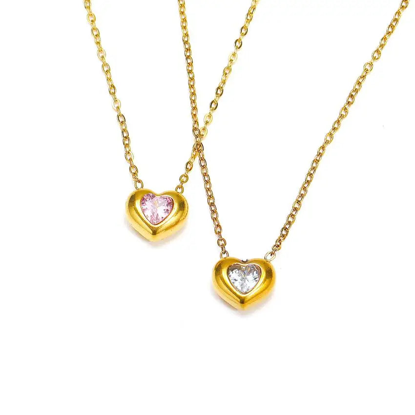 Fenny Fashion Jewelry's Waterproof 18K Gold Plated Stainless Steel Mini Heart Necklace for Women Pink Zircon Link Chain No Fade