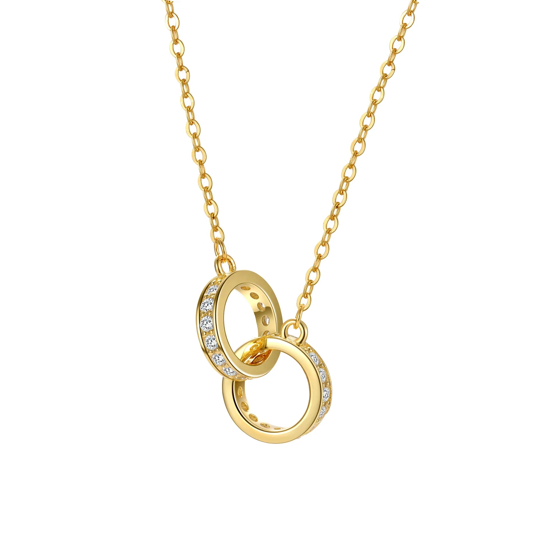 Fashion Jewelry 925 Sterling Silver Double Rings Diamond Two Round Circle Circular Pendant Zircon Gold Plated Necklaces Women