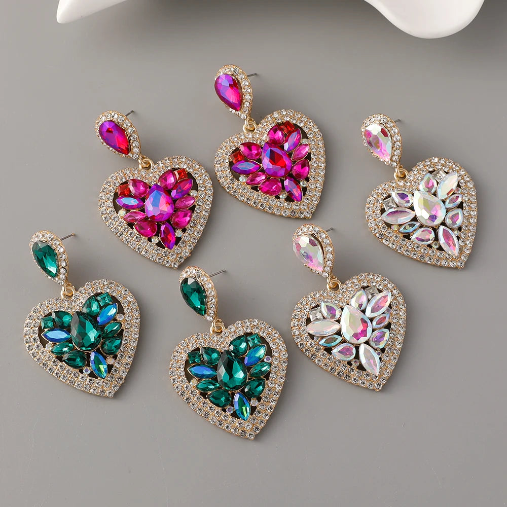 Hot Sale Diamond Heart Shape Dangle Earrings Ladies Rhinestone Crystal Love Heart Drop Earrings for Party