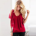 Chiffon Women Casual T Shirts V Neck Off Shoulder Tops Elegant Batwing Sleeve Chiffon Blouse Plus Size Women T-shirt