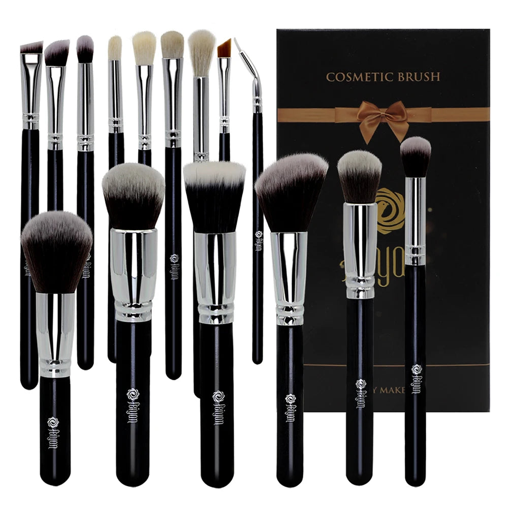 HMU Custom Logo Black Silver Vegan Crueltyfree Face Soft Kabuki Wood 15pcs Make up Brushes With Paper Box