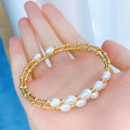 Original Design Double Ring Slap Snap Gold Plated AAAA White Rice Shape Natural Freshwater Pearl Mermaid Princess INS Bracelet