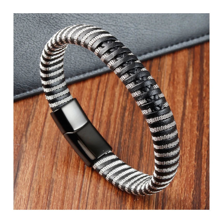Custom Braided Charm Jewelry Genuine Leather Titanium Stainless Steel Magnetic Clasp Unisex Punk Style Gift Bracelet