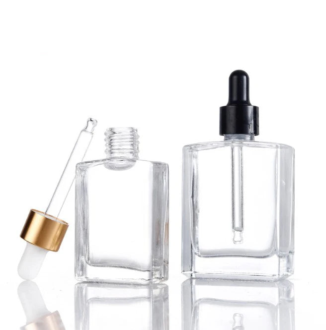 Transparent Glass Dropper Bottle Flat Square Design 30ml 50ml 100ml Sizes with Screw Cap Seal MOQ 100pcs
