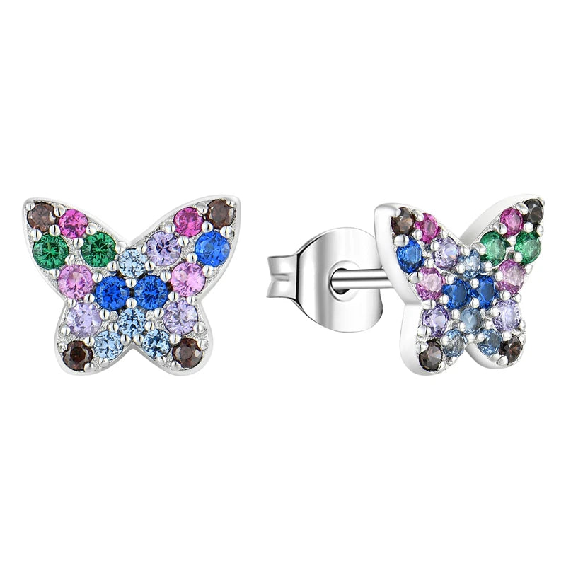 YILUN 925 Sterling Silver Butterfly Stud Earrings for Women or Children Multicolored Cubic Zirconia for Weddings