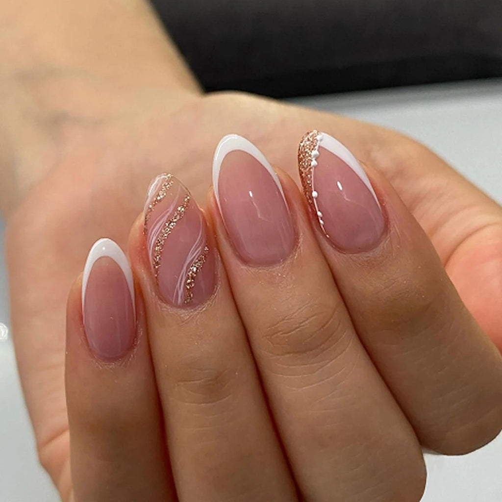 24 Pcs 3754 Elegant Pink and White Nail Tips with Glitter Accents Short Almond Press on Nails Artificial Fingernails