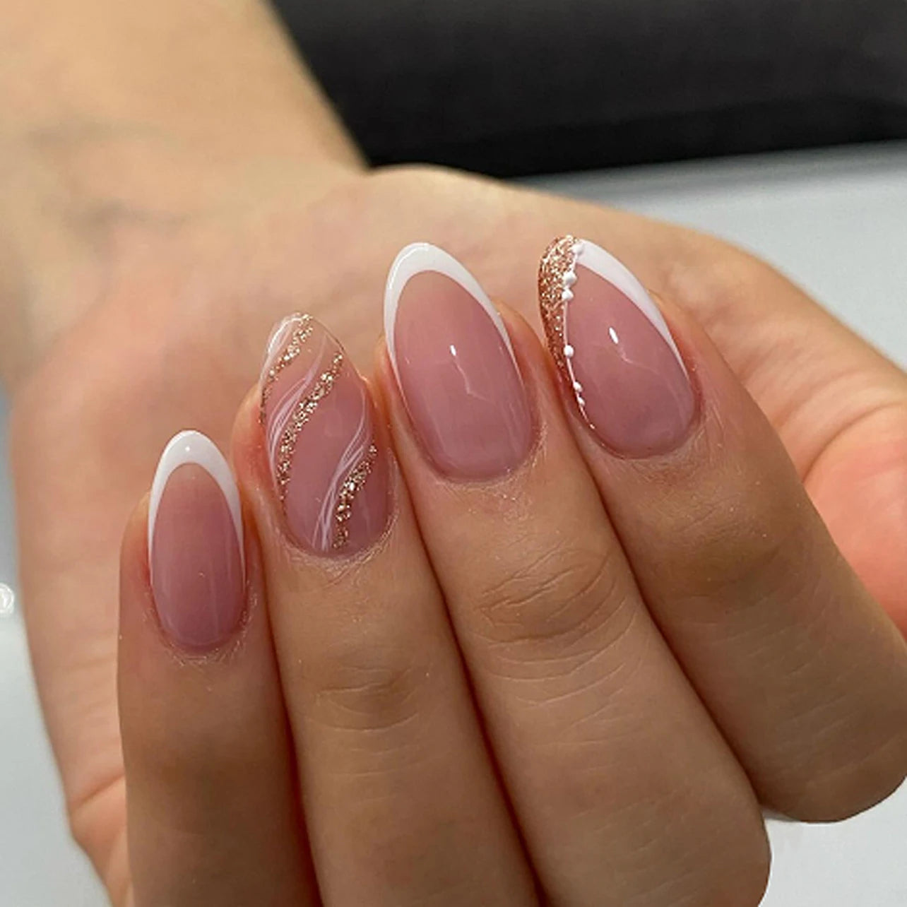 24 Pcs 3754 Elegant Pink and White Nail Tips with Glitter Accents Short Almond Press on Nails Artificial Fingernails