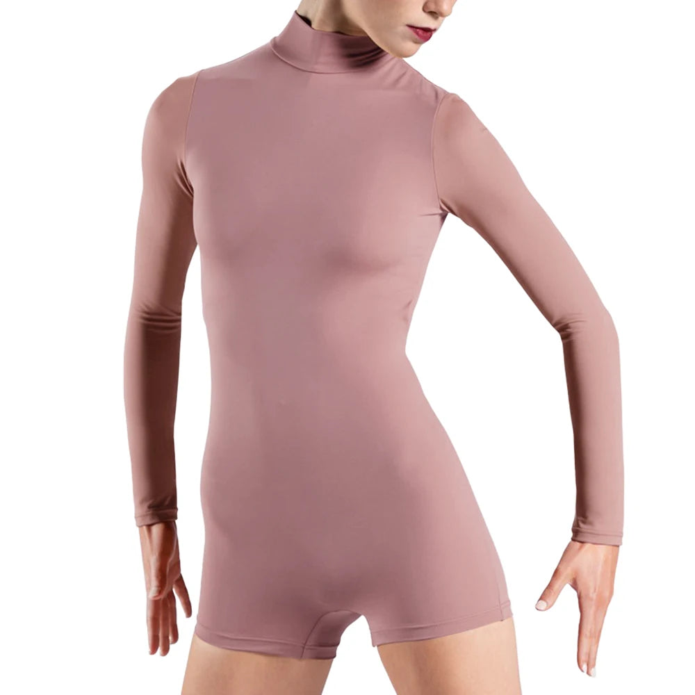 MiDee Women Adults Modern Dance Wear Mock Neck Long Sleeve Gymnastics Jumpsuit Ballerina Stage Costume Comfortable Nylon