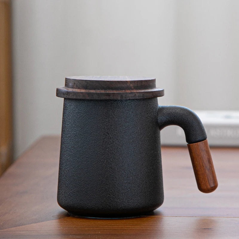 400ml Japanese Style White Black Matte Ceramic Coffee Mugs with Wooden Handle Lid Eco-Friendly Carton Gift Set