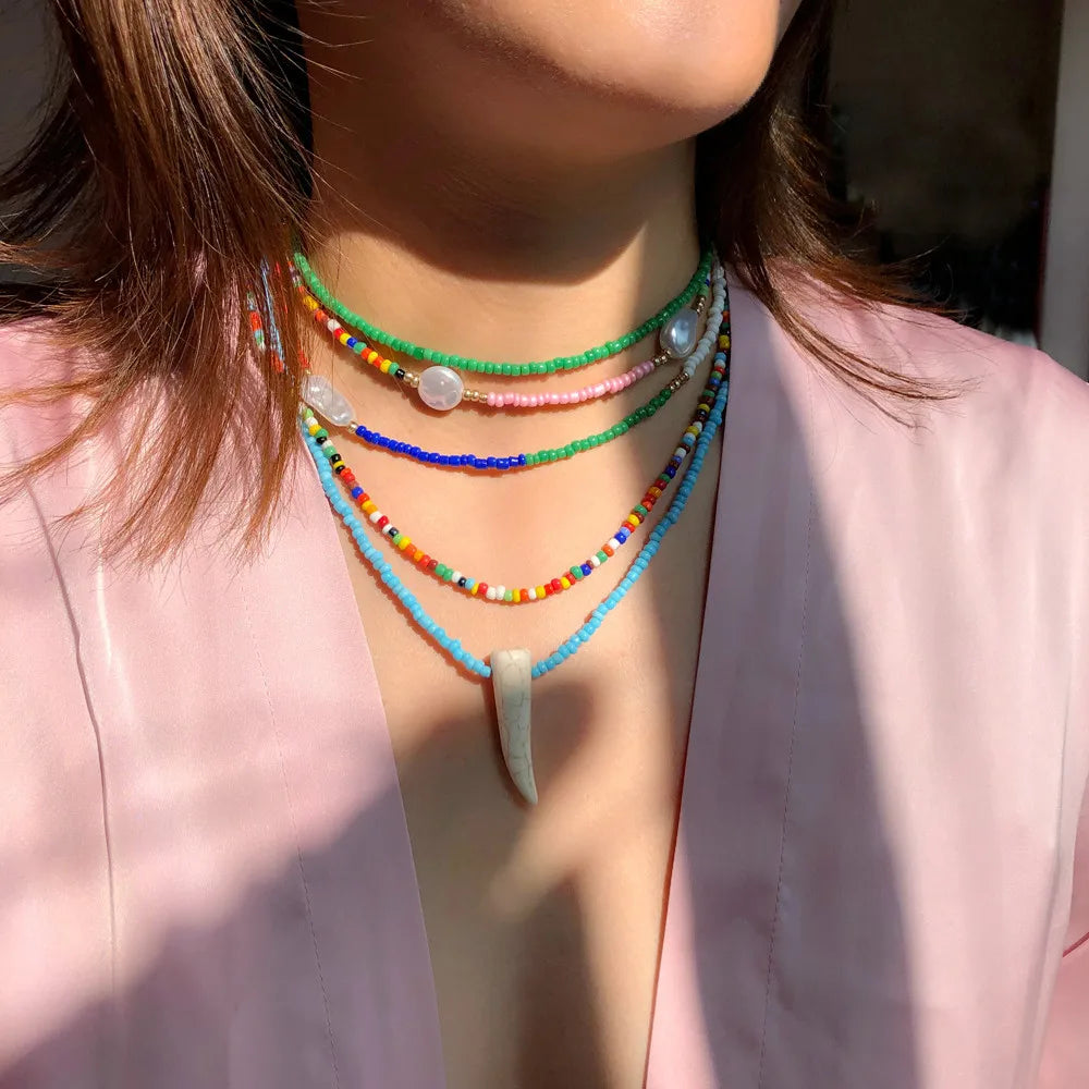 2025 European and American Fashion National Style Neck Chain Handmade Versatile Multi-layer Color Rice Bead Necklace Female