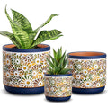 Wholesale Relief Flower Pattern Blue Edge Ceramic Plant Pot With Hole and Tray Garden Exquisite Home Decoration