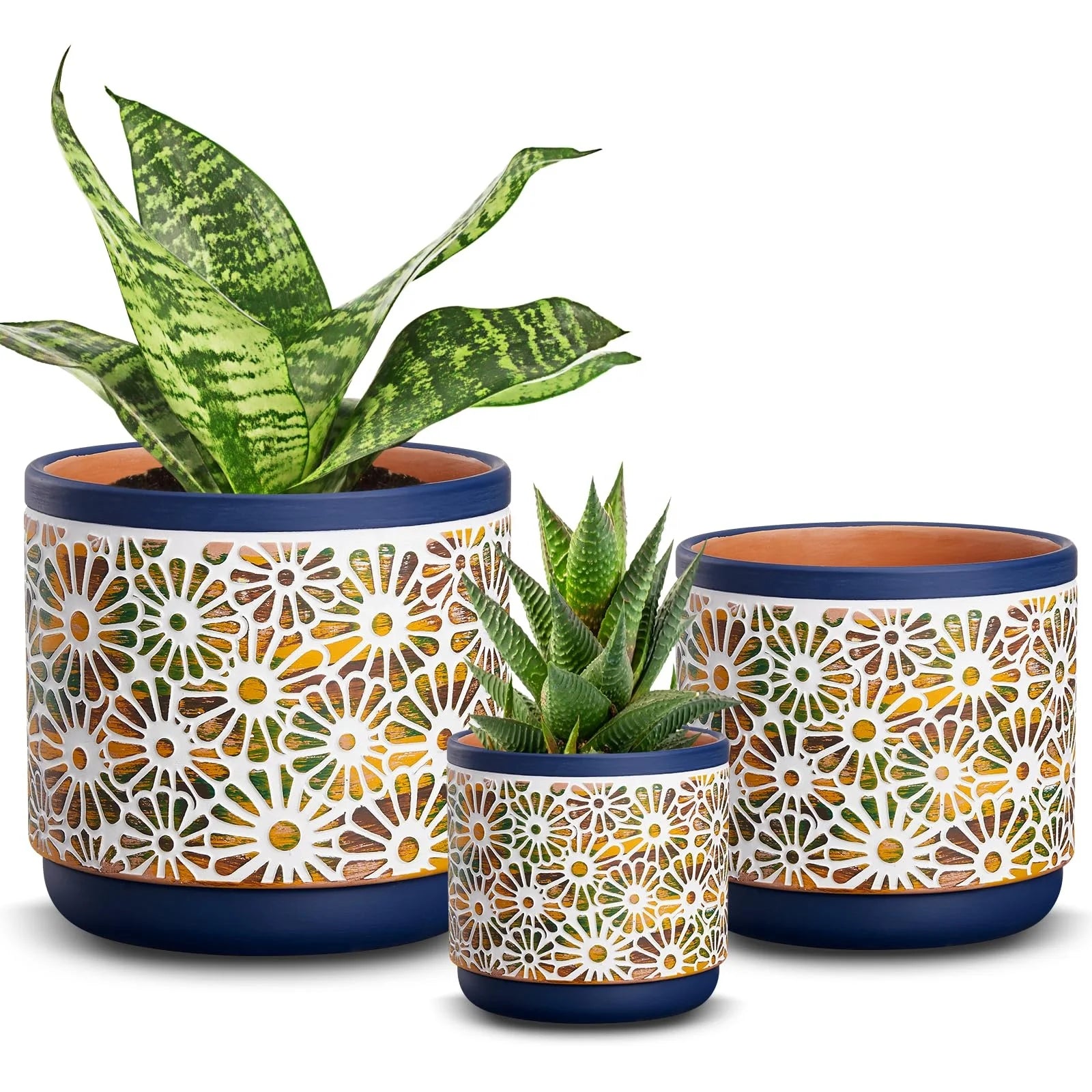Wholesale Relief Flower Pattern Blue Edge Ceramic Plant Pot With Hole and Tray Garden Exquisite Home Decoration