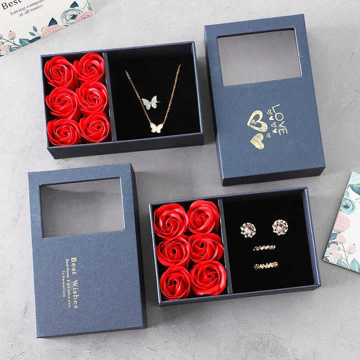 Popular Selling Women's Valentines Day Gifts Artificial Soap Rose Box Lipstick Necklace Rectangle Shape