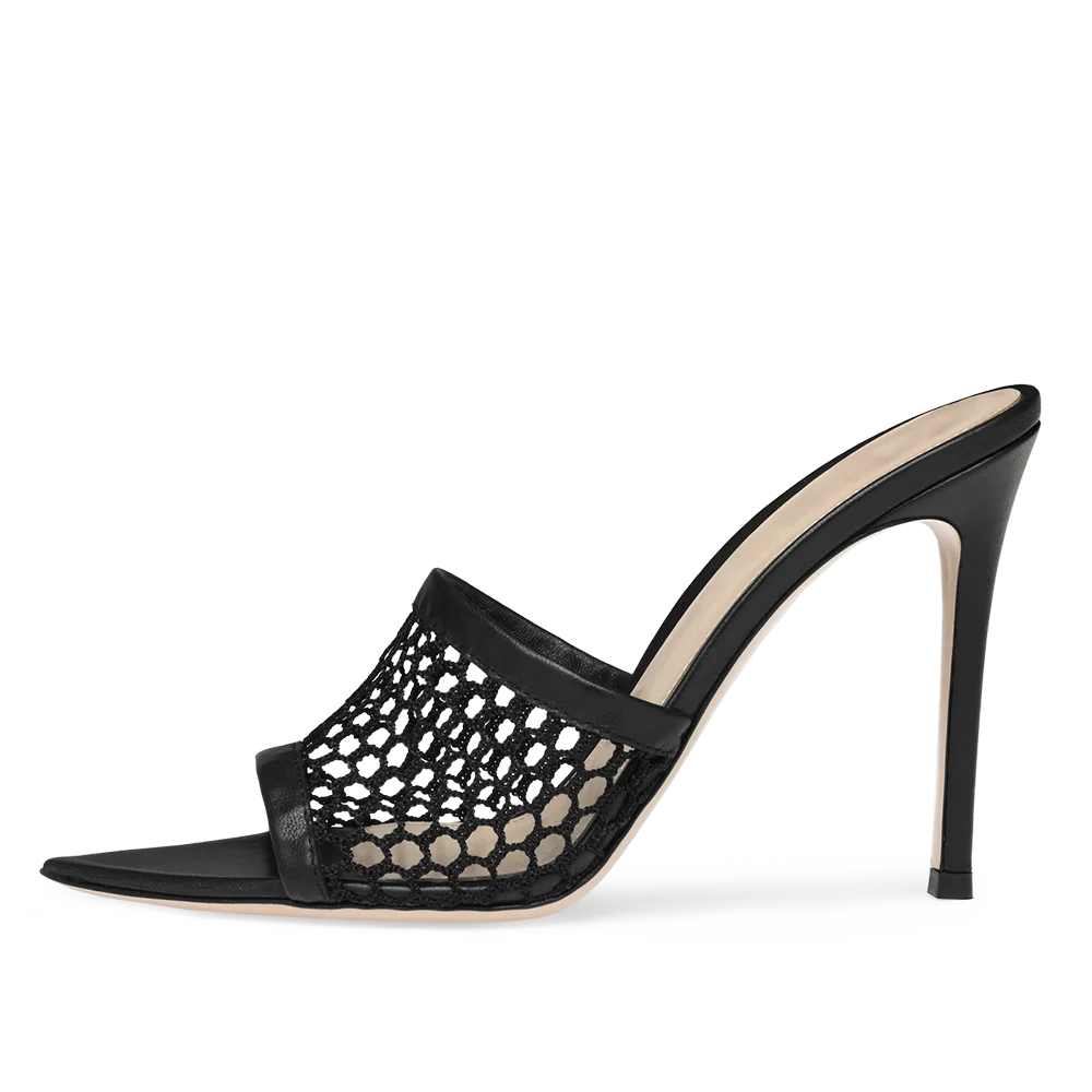 Fishnet Heeled Sandals Pointy Heels Women 2021 Black Mesh Mules High Heel Slippers